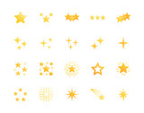 Fototapeta  - Stars flat glyph icons set. Starry night, falling star, firework, twinkle, glow, glitter burst vector illustrations. Gold yellow gradient signs for glossy material property. Silhouette pictogram