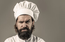Bearded Chef, Cooks Or Baker. Bearded Male Chefs Isolated. Confident Bearded Male Chef In White Uniform. Serious Cook In White Uniform, Chef Hat