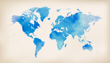 Blue World Map On Vintage Paper Background. Watercolor Style