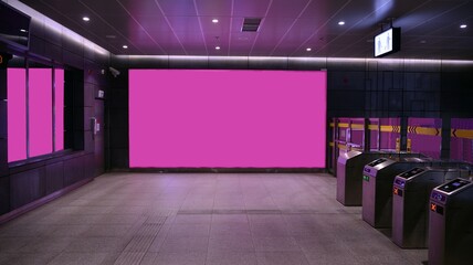 Purple billboard located in subway for advertising.