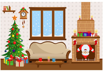 Wall Mural - New year vector room with decorations, Christmas tree and Santa in the fireplace. Humor illustration on the theme of new year and Christmas.