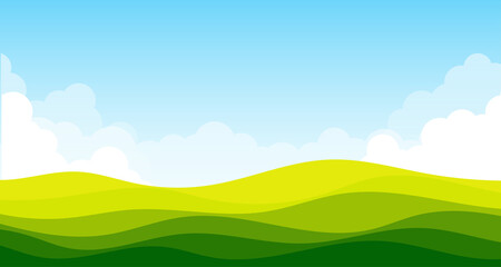 Green Mountain landscape lawn view with white clouds and blue clear sky background vector illustration.