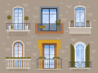 Sticker - Balcony. Modern facade exterior architectural objects building arch balcony with flower pots apartaments vector set. Balcony neighborhood, facade construction railing, apartment exterior illustration