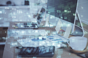 double exposure of desktop computer and technology theme hologram. concept of software development.