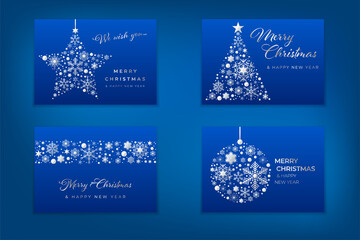 Wall Mural - Set of blue christmas cards with silver ornaments