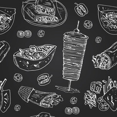 Wall Mural - Donner kebeb cuisine Menu doodle seamless pattern Vector on chalkboard 