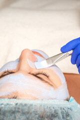 Wall Mural - Young woman receiving procedure for applying facial mask by brush in hand of cosmetologist at spa beauty salon