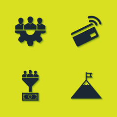 Poster - Set Project team base, Mountains and flag, Lead management and Contactless payment icon. Vector.