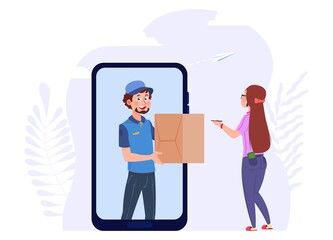 Canvas Print - Online delivery. Post man with box, woman and parcel. Mobile app, logistic service vector concept. Illustration post service order, box delivery online