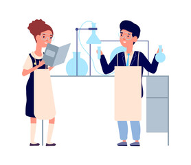 Poster - Children science. Chemistry scientific experiment, kids lab with equipment. Isolated school smart boy girl vector characters. Illustration experiment in school laboratory