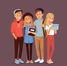 Set Of Friends, University Fellow Students Classmates Standing Together Hugging Holding Books With Gadgets And Backpacks. Group Of Learners Young People. Student Couple. Vector Illustration. Flat.