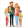 © olgache - Young family portrait of 5 five members parents with 3 three kids children standing up straight together. Father with boy son child on hands, Mather with girl daughter child on hands.