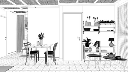 Wall Mural - Blueprint project draft of cosy sustainable living room and dining with bamboo ceiling. Bookshelf, table with chairs. Plants and ceramic floor. Environmental friendly interior design