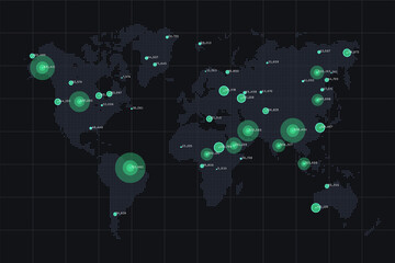 world map big data visualization. abstract data on map. global activity monitoring. heatmap of clust