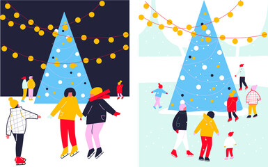 Happy families and couples skating on ice rink. Christmas and Happy New Year. Vector flat cartoon illustration of winter outdoor fun activities. Holiday banners or labels.