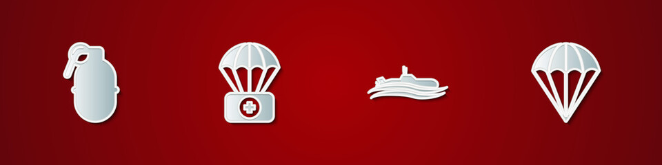 Poster - Set Hand grenade, Parachute with first aid kit, Submarine and icon. Vector.