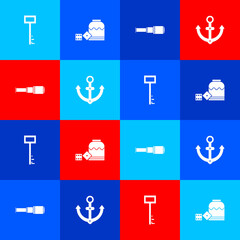 Canvas Print - Set Pirate key, game dice, Spyglass telescope lens and Anchor icon. Vector.