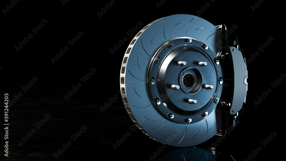 Brake Disc and Black Calliper on Looks like the road is wet and dark background. Brake from Racing car with Clipping path and copy space for your text. 3D Render.