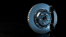 Brake Disc And Black Calliper On Looks Like The Road Is Wet And Dark Background. Brake From Racing Car With Clipping Path And Copy Space For Your Text. 3D Render.