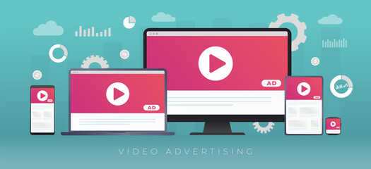 Wall Mural - video advertising, digital online media marketing and business concept. streaming live content and o
