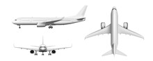 3D Flying Airplane, Jet Aircraft. Top, Front, Side