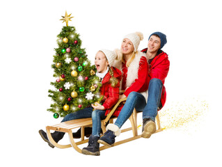 Happy Family carrying Decorate Christmas tree Gift. Parents and Child ridding Sled in Outdoor Clothing. Christmas Present Sale and Delivery Concept. Cut out White Studio Background