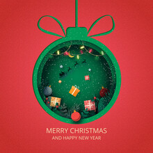 Merry Christmas And Winter Season On Red Background.Green Christmas Decorated With Gift Box And Santa Claus In Sleigh.