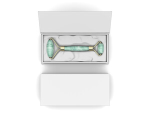 Dual Sided Facial Roller Massager In Hard Book style Box For Mockup And Branding, 3d render illustration. 