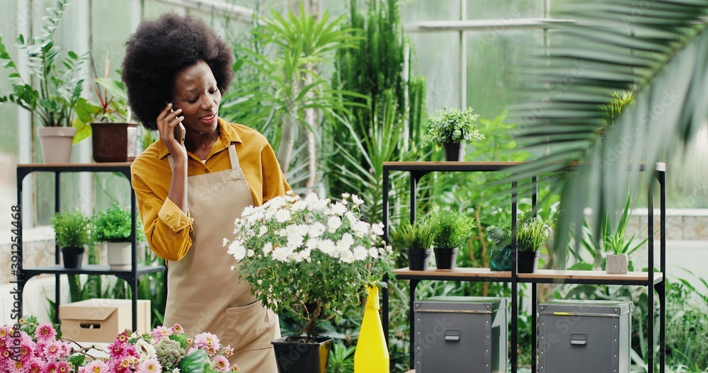 Joyful young woman in flower shop standing at workplace and calling on cellphone. Cheerful African American female florist worker in floral house chatting on smartphone. Floristry concept - obrazy, fototapety, plakaty 