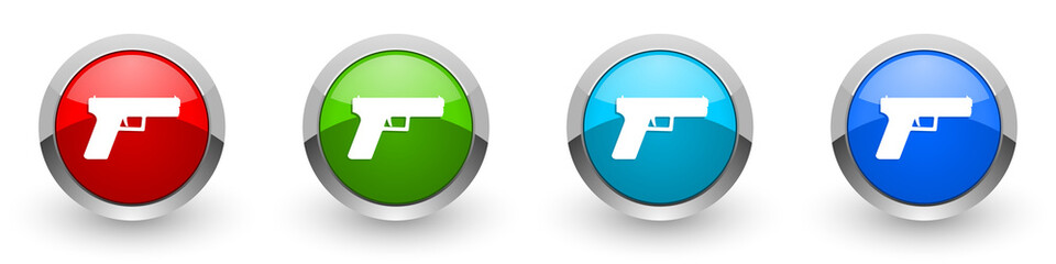 Poster - Pistol, gun, weapon silver metallic glossy icons, set of modern design buttons for web, internet and mobile applications in four colors options isolated on white background