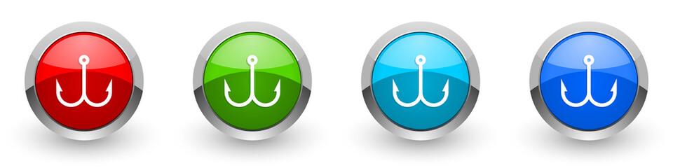 Fototapete - Fishing hook silver metallic glossy icons, set of modern design buttons for web, internet and mobile applications in four colors options isolated on white background