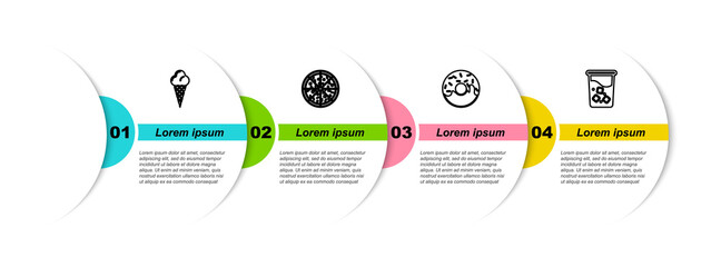 Sticker - Set line Ice cream in waffle cone, Pizza, Donut and Glass with water. Business infographic template. Vector.