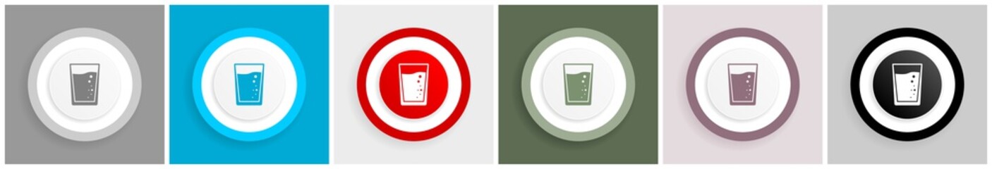 Leinwandbilder - Glass of water icon set, colorful flat design vector illustrations in 6 options for web design and mobile applications