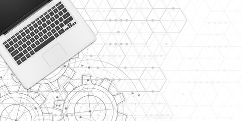 Wall Mural - Technical drawing of gears .Laptop top view.Rotating mechanism of round parts .Machine technology. Vector illustration.