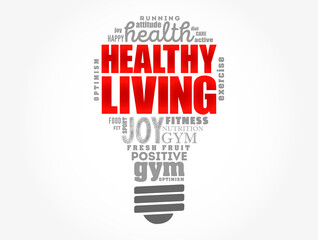 Wall Mural - Healthy Living light bulb word cloud, health concept background