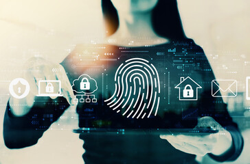 Wall Mural - Fingerprint scanning theme with businesswoman on a city background
