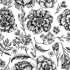 Wall Mural - Seamless pattern with black and white wax flower, forget me not flower, tansy, ardisia, brassica, decorative cabbage