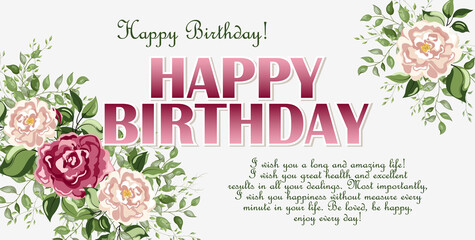 Sticker - Happy Birthday decorated with a branch with flowers. Beautiful greeting card with hand written lettering and flowers around.