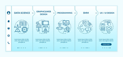 Top careers in IT for creative thinkers onboarding vector template. Programming. Social media marketing. Responsive mobile website with icons. Webpage walkthrough step screens. RGB color concept
