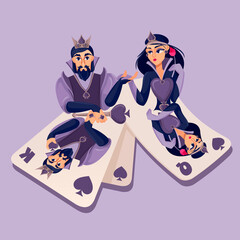 Sticker - Cartoon Color Characters King and Queen of Spades Suit Concept. Vector