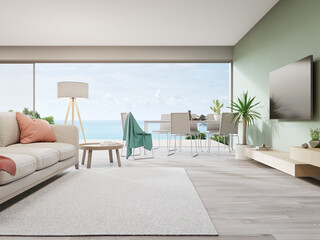 Wall Mural - Table on wooden floor of bright dining room near large living room and sofa against TV in modern beach house or luxury villa. Home interior 3d rendering with sea view.