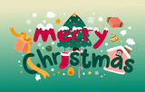 Fototapeta Dinusie - Merry Christmas in Doodle Typography with Christmas Tree
