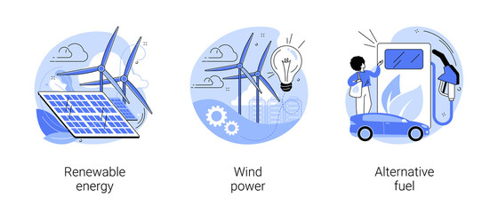 Clean energy abstract concept vector illustration set. Renewable energy, wind power, alternative fuel, solar panels, green electricity, charging station, light bulb, windfarm abstract metaphor.