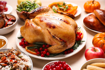 Traditional Thanksgiving day feast with delicious cooked turkey and other seasonal dishes served on wooden table