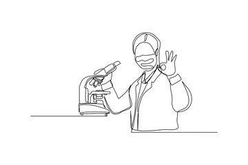 Wall Mural - continuous line drawing of female scientist analyze using microscope in laboratory. one line concept