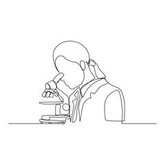 Wall Mural - continuous line drawing of female scientist analyze using microscope in laboratory. one line concept