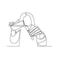 Wall Mural - continuous line drawing of female scientist analyze formula on laboratory tube. one line concept of 