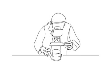 Wall Mural - continuous line drawing of male scientist analyze using microscope in laboratory. one line concept o