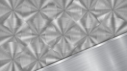 Background in silver and gray colors, consisting of a shiny metallic surface and one polished plate located in diagonal, with a metal texture, glares and burnished edge