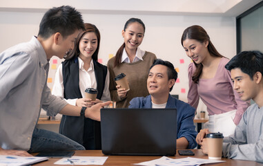 The Asian Employee Brainstorming business Meeting in the Office. Startup of the partnership, Discussion of planning the roles of staff in the corporate.